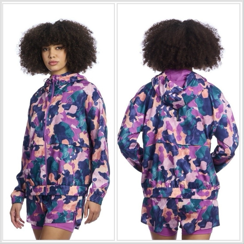 Reebok Women's Hooded Windbreaker Jacket Abstract Watercolor Camo Purple Teal XL